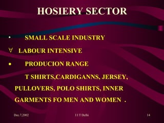 HOSIERY SECTOR SMALL SCALE INDUSTRY  LABOUR INTENSIVE           PRODUCION RANGE  T  SHIRTS,CARDIGANNS, JERSEY,  PULLOVERS, POLO SHIRTS, INNER  GARMENTS FO MEN AND WOMEN  .   