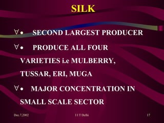 SILK         SECOND LARGEST PRODUCER        PRODUCE ALL FOUR  VARIETIES i.e MULBERRY,  TUSSAR, ERI, MUGA       MAJOR CONCENTRATION IN  SMALL SCALE SECTOR 