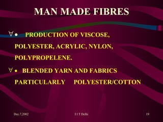 MAN MADE FIBRES       PRODUCTION OF VISCOSE,  POLYESTER, ACRYLIC, NYLON,  POLYPROPELENE.      BLENDED YARN AND FABRICS  PARTICULARLY  POLYESTER/COTTON 