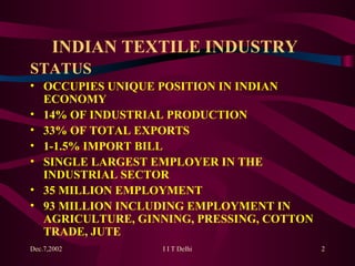 INDIAN TEXTILE INDUSTRY   STATUS OCCUPIES UNIQUE POSITION IN INDIAN ECONOMY 14% OF INDUSTRIAL PRODUCTION 33% OF TOTAL EXPORTS 1-1.5% IMPORT BILL SINGLE LARGEST EMPLOYER IN THE INDUSTRIAL SECTOR 35 MILLION EMPLOYMENT 93 MILLION INCLUDING EMPLOYMENT IN AGRICULTURE, GINNING, PRESSING, COTTON TRADE, JUTE  