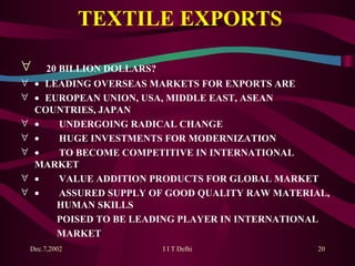 TEXTILE EXPORTS  20 BILLION DOLLARS?   LEADING OVERSEAS MARKETS FOR EXPORTS ARE   EUROPEAN UNION, USA, MIDDLE EAST, ASEAN  COUNTRIES, JAPAN           UNDERGOING RADICAL CHANGE           HUGE INVESTMENTS FOR MODERNIZATION           TO BECOME COMPETITIVE IN INTERNATIONAL  MARKET           VALUE ADDITION PRODUCTS FOR GLOBAL MARKET           ASSURED SUPPLY OF GOOD QUALITY RAW MATERIAL,  HUMAN SKILLS POISED TO BE LEADING PLAYER IN INTERNATIONA L MARKET 