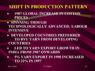 SHIFT IN PRODUCTION PATTERN   1987 GLOBAL INCREASE IN COTTON  PRICES     SPINNING THOUGH  TECHNOLOGICALLY ADVANCED,  LABOUR INTENSIVE    DEVELOPED COUNTRIES PREFERRED  TO BYU YARN FROM DEVELOPING  COUNTRIES   LED TO YARN EXPORT GROWTH IN  INDIA FROM 1987 ONWARDS   5% YARN EXPORT IN 1990 INCREASED  TO 22% IN 1997 
