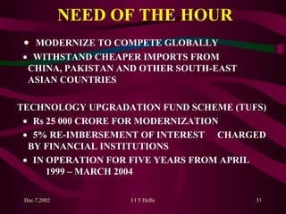 NEED OF THE HOUR    MODERNIZE TO COMPETE GLOBALLY    WITHSTAND CHEAPER IMPORTS FROM  CHINA, PAKISTAN AND OTHER SOUTH-EAST  ASIAN COUNTRIES TECHNOLOGY UPGRADATION FUND SCHEME (TUFS)    Rs 25 000 CRORE FOR MODERNIZATION    5% RE-IMBERSEMENT OF INTEREST  CHARGED BY FINANCIAL INSTITUTIONS    IN OPERATION FOR FIVE YEARS FROM APRIL  1999 – MARCH 2004 