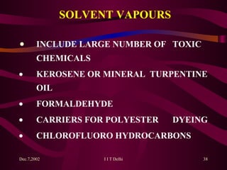 SOLVENT VAPOURS   INCLUDE LARGE NUMBER OF  TOXIC  CHEMICALS   KEROSENE OR MINERAL  TURPENTINE  OIL   FORMALDEHYDE   CARRIERS FOR POLYESTER  DYEING   CHLOROFLUORO HYDROCARBONS 