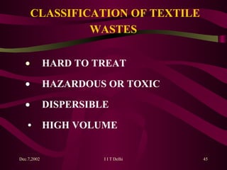 CLASSIFICATION OF TEXTILE WASTES     HARD TO TREAT   HAZARDOUS OR TOXIC   DISPERSIBLE • HIGH VOLUME   