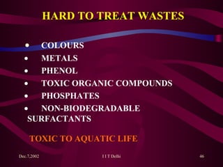 HARD TO T R EAT WASTES   COLOURS   METALS   PHENOL   TOXIC ORGANIC COMPOUNDS   PHOSPHATES   NON-BIODEGRADABLE  SURFACTANTS   TOXIC TO AQUATIC LIFE 