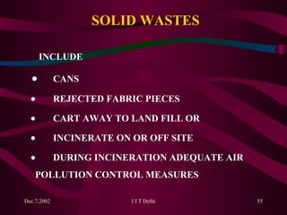 SOLID WASTES INCLUDE   CANS   REJECTED FABRIC PIECES   CART AWAY TO LAND FILL OR    INCINERATE ON OR OFF SITE   DURING INCINERATION ADEQUATE AIR  POLLUTION CONTROL MEASURES 
