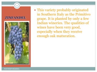 ZINFANDEL
 This variety probably originated
in Southern Italy as the Primitivo
grape. It is planted by only a few
Indian wineries. The qualities of
wines have been very good,
especially when they receive
enough oak maturation.
11
NAVDEEP SHARMA
 
