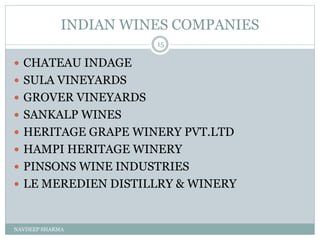 INDIAN WINES COMPANIES
NAVDEEP SHARMA
15
 CHATEAU INDAGE
 SULA VINEYARDS
 GROVER VINEYARDS
 SANKALP WINES
 HERITAGE GRAPE WINERY PVT.LTD
 HAMPI HERITAGE WINERY
 PINSONS WINE INDUSTRIES
 LE MEREDIEN DISTILLRY & WINERY
 