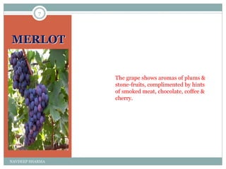 MERLOT
7
NAVDEEP SHARMA
The grape shows aromas of plums &
stone-fruits, complimented by hints
of smoked meat, chocolate, coffee &
cherry.
 
