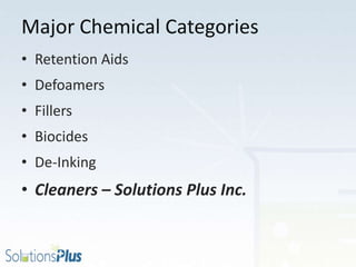 Major Chemical Categories
• Retention Aids
• Defoamers
• Fillers
• Biocides
• De-Inking
• Cleaners – Solutions Plus Inc.
 