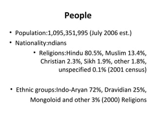People Population:1,095,351,995 (July 2006 est.) Nationality:ndians Religions:Hindu 80.5%, Muslim 13.4%, Christian 2.3%, Sikh 1.9%, other 1.8%, unspecified 0.1% (2001 census) Ethnic groups:Indo-Aryan 72%, Dravidian 25%, Mongoloid and other 3% (2000) Religions