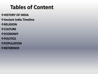 Tables of Content
HISTORY OF INDIA
Ancient India Timeline
RELIGION
CULTURE
ECONOMY
POLITICS
POPULATION
REFERENCE
 