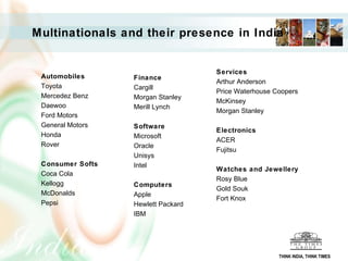 Automobiles  Toyota  Mercedez Benz  Daewoo  Ford Motors  General Motors Honda Rover  Consumer Softs  Coca Cola  Kellogg McDonalds Pepsi   Multinationals and their presence in India Finance  Cargill  Morgan Stanley  Merill Lynch  Software  Microsoft Oracle  Unisys  Intel  Computers  Apple  Hewlett Packard  IBM  Services Arthur Anderson Price Waterhouse Coopers McKinsey Morgan Stanley Electronics  ACER Fujitsu   Watches and Jewellery  Rosy Blue Gold Souk Fort Knox  THINK INDIA, THINK TIMES 