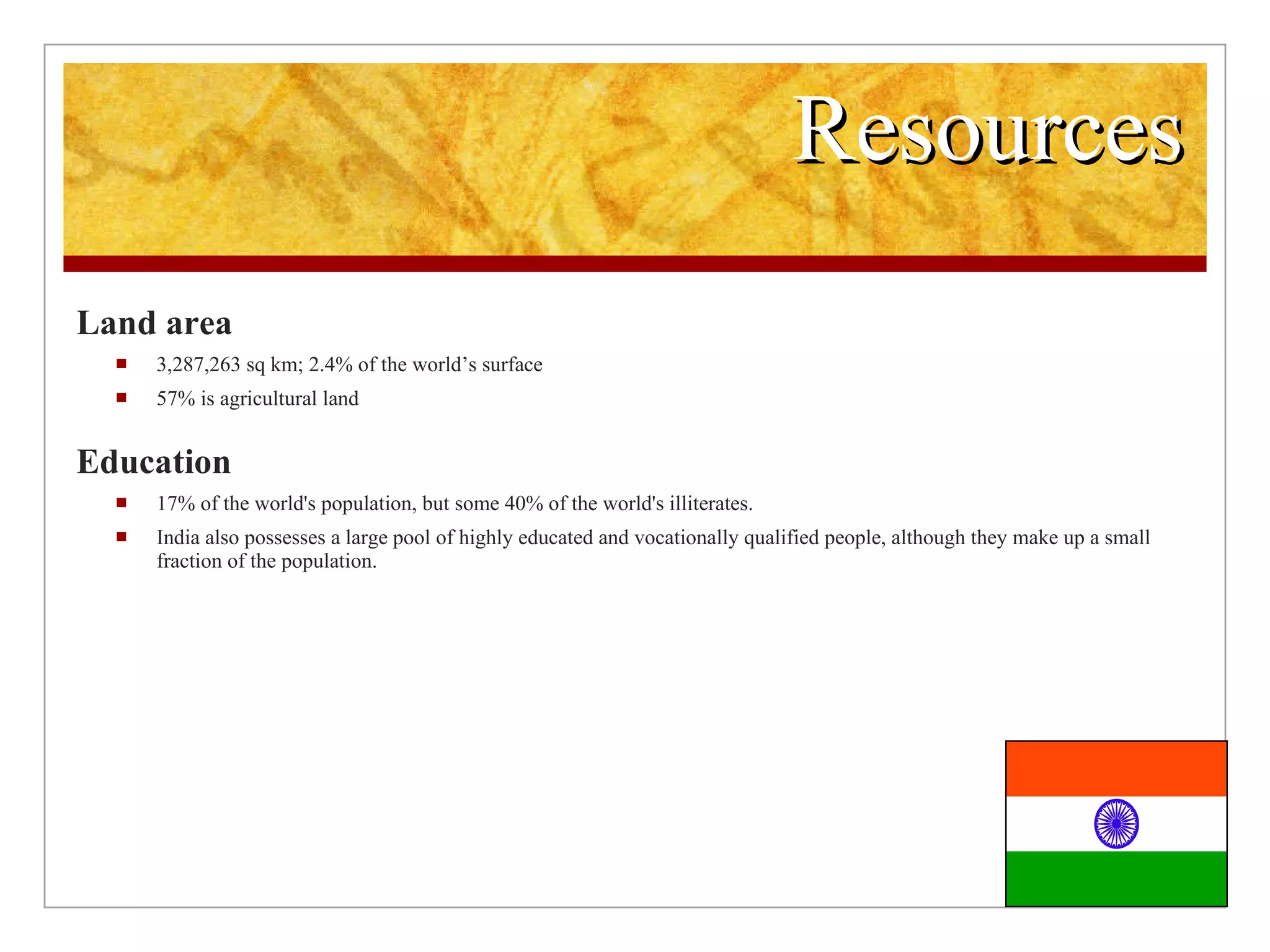 Resources Land area 3,287,263 sq km; 2.4% of the world’s surface 57% is agricultural land Education 17% of the world's population, but some 40% of the world's illiterates. India also possesses a large pool of highly educated and vocationally qualified people, although they make up a small fraction of the population.