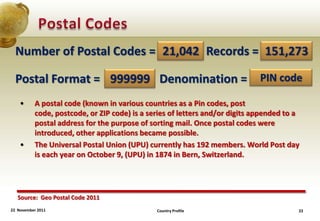 Number of Postal Codes = 21,042 Records = 151,273

  Postal Format = 999999 Denomination = PIN code
    •      A postal code (known in various countries as a Pin codes, post
           code, postcode, or ZIP code) is a series of letters and/or digits appended to a
           postal address for the purpose of sorting mail. Once postal codes were
           introduced, other applications became possible.
    •      The Universal Postal Union (UPU) currently has 192 members. World Post day
           is each year on October 9, (UPU) in 1874 in Bern, Switzerland.




   Source: Geo Postal Code 2011
22 November 2011                               Country Profile                           22
 