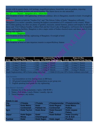 tourists with its quaint charm, rich heritage, magnificent palaces, beautifully laid-out gardens, imposing
buildings, broad shady avenues and sacred temples. The charm leaves no one untouched.
Day 16           Mysore – Bangalore drive 145km/3hrs
After breakfast at hotel AM sightseeing of Mysore continue drive to Bangalore, transfer to hotel. Overnight at
hotel.
Bangalore :Known as both the "Garden City" and "The Silicon Valley of India," Bangalore (officially
"Bengaluru") is a techie’s paradise, boasting the highest concentration of IT companies in the country. When
you’re done geeking out, there are plenty of gardens, museums, natural features, palaces and temples to fill your
dance card. Visit Vidhana Soudha, Cubbon Park and the Ulsoor Lake of Bangalore, well known for its beautiful
locales and boating facilities. Bangalore is also a major centre of Indian classical music and dance, and of vivid,
cutting-edge nightlife.
Day 17           Bangalore
After breakfast at hotel full day sightseeing of Bangalore. Overnight at hotel.

Day 18         Departure
After breakfast at hotel on time departure transfer to airport/Railway Station




         Price:7-12 Pax                    Price:4-6 Pax                      Price:2-3 Pax
(US$) Per Person Twin Sharing (US$) Per Person Twin Sharing (US$) Per Person Twin Sharing
1104     Using 2* Hotels         1194     Using 2* Hotels            1274    Using 2* Hotels
1295     Using 3* Hotels         1385     Using 3* Hotels            1465    Using 3* Hotels
1675     Using 4* Hotels         1765     Using 4* Hotels            1778    Using 4* Hotels
1885     Using 5* Hotels         1995     Using 5* Hotels            2085    Using 5* Hotels
Single Suplementary 40% Extra using extra bed      Child (5-12) year 25% Extra without extra bed

Cost Includes
    1 Accommodation on twin sharing room on BB basis
    2 All ground transportation by ac transportation as per group size
    3 English speaking local guide for city sightseeing

Cost Doesn’t Includes
   1 Entrance fee of the monuments ( Aprro. US$ 90 PP )
   2 Nature of all drinks, Lunch, Dinner, Laundry, tips etc
   3 Travel Insurance, any airfare,


Hotels in use
City               2*Hotels            3*hotels           4*Hotels/similar       5*hotels/similar
Delhi              Hotel Metro         Hotel              Hotel Regent           Hotel Metro
                   Continental         Pablash Int        Continental            Politan
Agra               Hotel Taj Inn       Hotel Amar         Hotel Howard           Hotel Jaypee
                                                          Park                   Palace
Jaipur             Hotel Sajjan        Hotel              Hotel Solitair         Hotel Country
                   Niwas               Chandragupt                               Inn & Suit
Pushkar            Hotel               Hotel Sajjan       Hotel Jagat            Pushkar
 