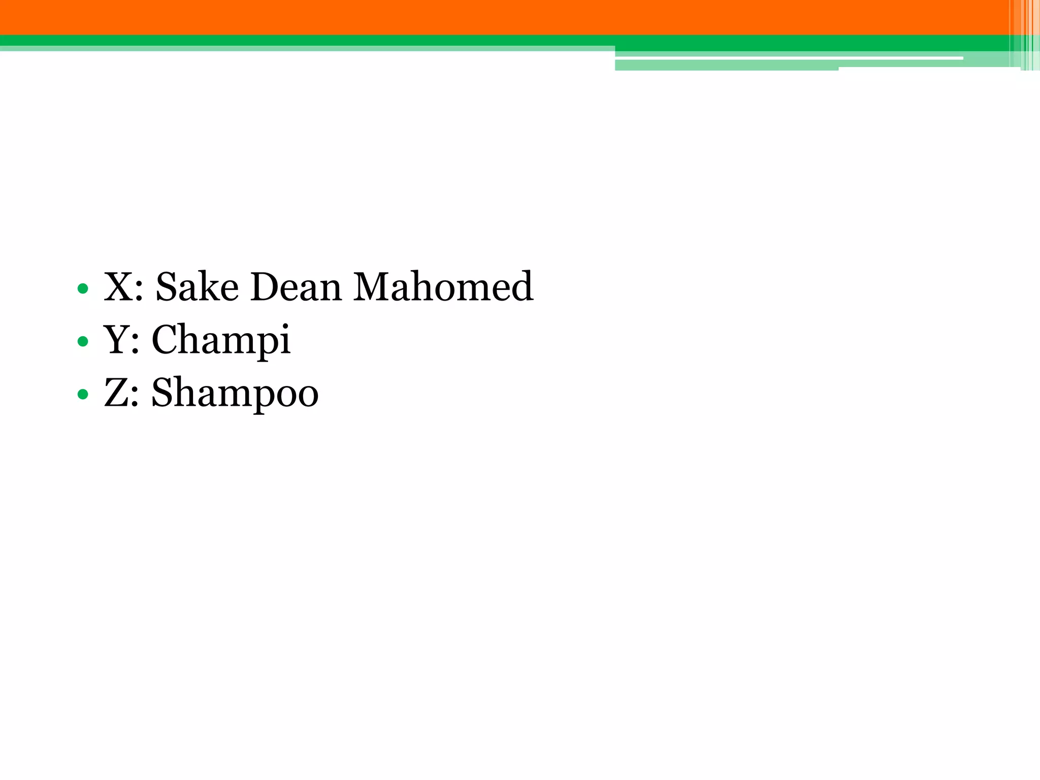 • X: Sake Dean Mahomed
• Y: Champi
• Z: Shampoo
 