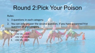Round 2:Pick Your Poison
Rules:
1. 3 questions in each category.
2. You can only answer the second question, if you have answered frist
question of any category.
3. Points:
1. +10/-10, +10/0
2. +20/-20, +20/0
3. +30/-30, +30/0
 