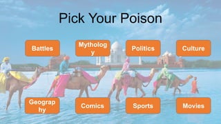 Pick Your Poison
Battles
Geograp
hy
Mytholog
y
Comics
Politics
Sports
Culture
Movies
 