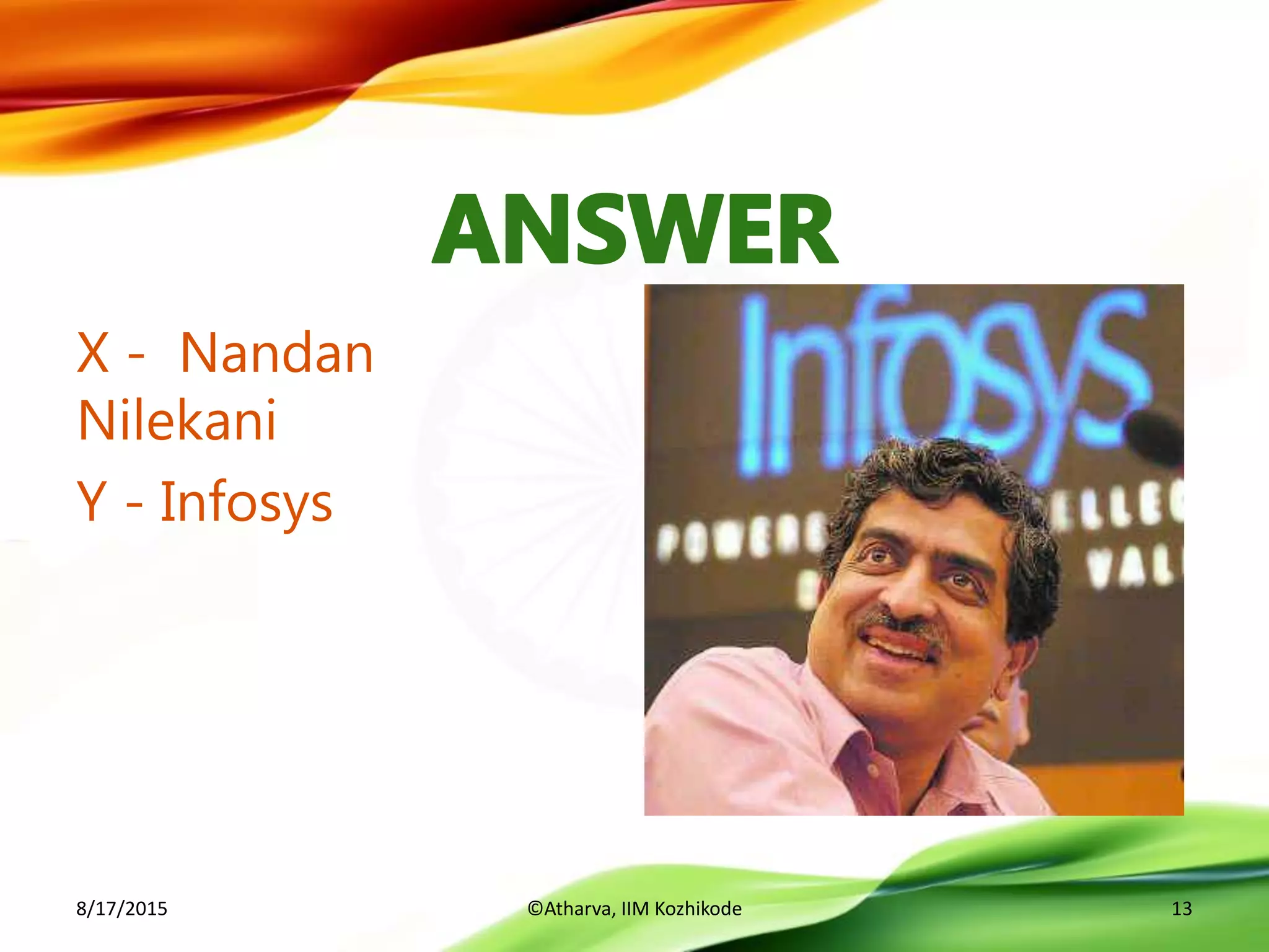 X - Nandan
Nilekani
Y - Infosys
8/17/2015 ©Atharva, IIM Kozhikode 13
 