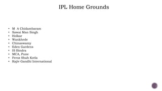 IPL Home Grounds
• M A Chidambaram
• Sawai Man Singh
• Holkar
• Wankhede
• Chinaswamy
• Eden Gardens
• IS Bindra
• MCA, Pune
• Feroz Shah Kotla
• Rajiv Gandhi International
 