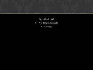 X - Abu'l Fazl
Y - Vir Singh Bundela
     Z - Orchha
 