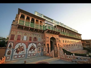 Haveli Podar en Nawalgarh. Las havelis pintadas de la región rajastaní de Shekhawati son las casas de mercaderes  enriquecidos con el comercio de la  ruta de la seda. www. laboutiquedelpowerpoint. com 
