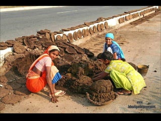 Las boñigas de vaca se utilizan como combustible para cocinar y también u ntada sobre el suelo de tierra, dejándola endurecer, hasta que se convierte en  una superficie lisa que impide la formación de polvo y puede barrerse. www. laboutiquedelpowerpoint. com 