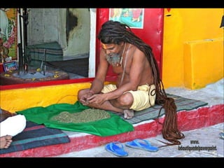 Sadu preparando marihuana en Koloyat. Los Sadus son  considerados hombres santos. Han renunciado a la vida material y esperan liberarse del ciclo  de reencarnaciones (moksha) llevando una vida ascética.  www. laboutiquedelpowerpoint. com 