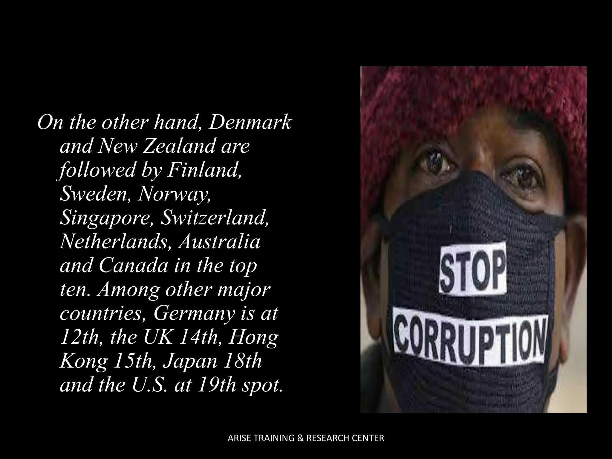 On the other hand, Denmark
and New Zealand are
followed by Finland,
Sweden, Norway,
Singapore, Switzerland,
Netherlands, Australia
and Canada in the top
ten. Among other major
countries, Germany is at
12th, the UK 14th, Hong
Kong 15th, Japan 18th
and the U.S. at 19th spot.
ARISE TRAINING & RESEARCH CENTER

 