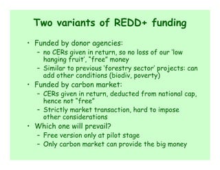 Two variants of REDD+ funding
• Funded by donor agencies:
  – no CERs given in return, so no loss of our ‘low
    hanging fruit’, “free” money
  – Similar to previous ‘forestry sector’ projects: can
    add other conditions (biodiv, poverty)
• Funded by carbon market:
  – CERs given in return, deducted from national cap,
    hence not “free”
  – Strictly market transaction, hard to impose
    other considerations
• Which one will prevail?
  – Free version only at pilot stage
  – Only carbon market can provide the big money
 