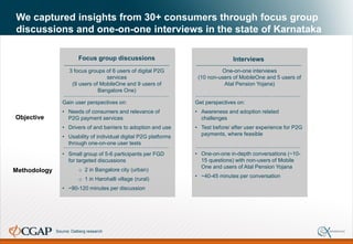 We captured insights from 30+ consumers through focus group
discussions and one-on-one interviews in the state of Karnataka
Source: Dalberg research
Focus group discussions
• Small group of 5-6 participants per FGD
for targeted discussions
o 2 in Bangalore city (urban)
o 1 in Harohalli village (rural)
• ~90-120 minutes per discussion
Interviews
• One-on-one in-depth conversations (~10-
15 questions) with non-users of Mobile
One and users of Atal Pension Yojana
• ~40-45 minutes per conversation
Gain user perspectives on:
• Needs of consumers and relevance of
P2G payment services
• Drivers of and barriers to adoption and use
• Usability of individual digital P2G platforms
through one-on-one user tests
Get perspectives on:
• Awareness and adoption related
challenges
• Test before/ after user experience for P2G
payments, where feasible
3 focus groups of 6 users of digital P2G
services
(9 users of MobileOne and 9 users of
Bangalore One)
One-on-one interviews
(10 non-users of MobileOne and 5 users of
Atal Pension Yojana)
Objective
Methodology
 