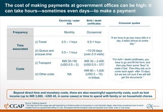 The cost of making payments at government offices can be high: it
can take hours—sometimes even days—to make a payment
Beyond direct time and monetary costs, there are also meaningful opportunity costs, such as lost
income (up to INR 3,000, ~USD 45, in some cases) or time to spend with family or on household chores.
Consumer quotes
“For birth / death certificates, you
have to go and fill the form, and
then pay them some “fees” to
make it fast. Then they ask us to
come back again after 15 days,
but we are not sure if we will still
get the documents.”
“If we have to go pay many bills in a
day, it takes almost an entire
day.”
Electricity / water
bills
Birth / death
certificates
Frequency Monthly Occasional
Time
associated
(i) Travel 0.5 – 1 hour 0.5-1 hour
(ii) Queue and
process time
0.5 – 1 hour
~15-20 days
(over 2-3 visits)
Costs
(i) Transport
INR 30-150
(USD 0.5 – 2)
INR 30 – 2,400
(USD 0.5 – 37)1
(ii) Other costs NA
INR 80 – 1,000
(USD 2 – 15)
in bribes
Source: Dalberg research
1 The high end of the range was self-reported by a limited number of consumers in rural Harohalli village, where they sometimes have to travel
multiple hours to a government office in a city. We expect that the transport costs are typically much lower, even in rural areas.
 