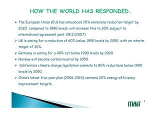 The European Union (EU) has announced 20% emissions reduction target by
2020 compared to 1990 levels; will increase this to 30% subject to
international agreement post-2012.(2007)
UK is aiming for a reduction of 60% below 1990 levels by 2050, with an interim
target of 30%.
Germany is aiming for a 40% cut below 1990 levels by 2020
Norway will become carbon neutral by 2050.
California’s climate change legislation commits to 80% reductions below 1990
levels by 2050.
China’s latest five-year plan (2006-2010) contains 20% energy efficiency
improvement targets.



                                                                               4
 