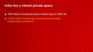 India has a vibrant private space  100 Indian Companies have market cap of US$ 1bn  1,000 Indian Companies have received foreign  institutional investment 