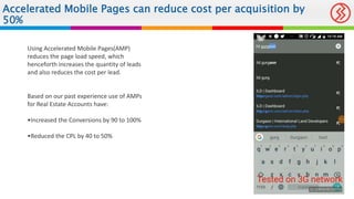 Accelerated Mobile Pages can reduce cost per acquisition by
50%
Using Accelerated Mobile Pages(AMP)
reduces the page load speed, which
henceforth increases the quantity of leads
and also reduces the cost per lead.
Based on our past experience use of AMPs
for Real Estate Accounts have:
•Increased the Conversions by 90 to 100%
•Reduced the CPL by 40 to 50%
 