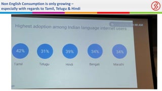Non English Consumption is only growing –
especially with regards to Tamil, Telugu & Hindi
 