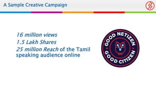 A Sample Creative Campaign
16 million views
1.5 Lakh Shares
25 million Reach of the Tamil
speaking audience online
 