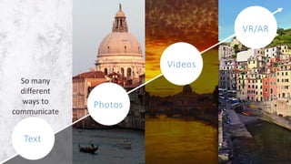Photos
Videos
Text
VR/AR
So many
different
ways to
communicate
 