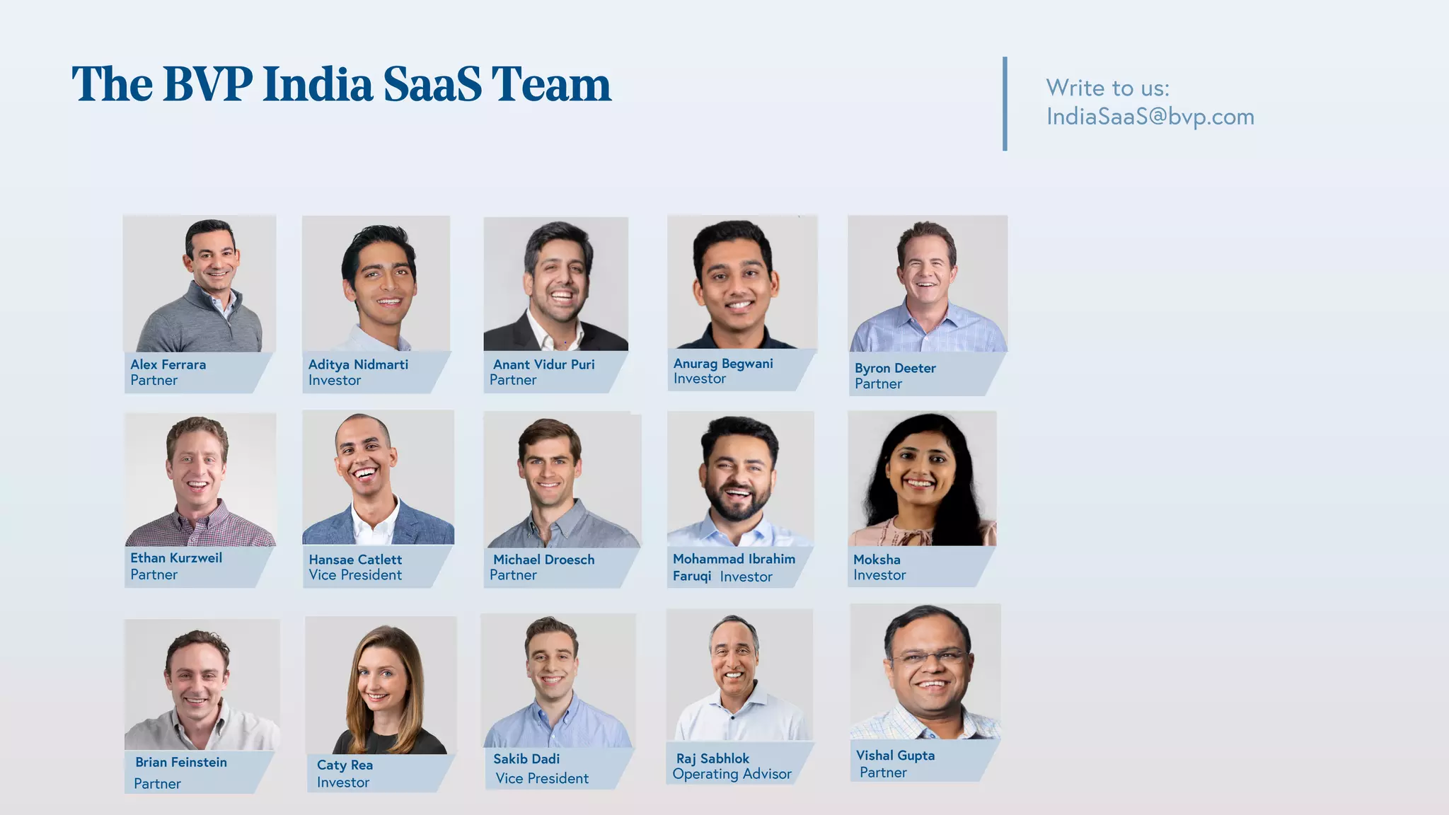 The BVP India SaaS Team Write to us:
IndiaSaaS@bvp.com
Alex Ferrara
Partner
Ethan Kurzweil
Partner
Mohammad Ibrahim
Faruqi Investor Investor
Moksha
Operating Advisor
Raj Sabhlok
Hansae Catlett
Vice President
Anant Vidur Puri
Partner Investor
Anurag Begwani
Partner
Byron Deeter
Michael Droesch
Partner
Partner
Vishal Gupta
Brian Feinstein
Partner
Caty Rea
Investor
Sakib Dadi
Vice President
Aditya Nidmarti
Investor
 
