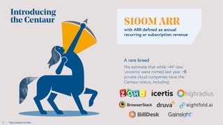 A rare breed
$100M ARR
with ARR defined as annual
recurring or subscription revenue
Introducing
the Centaur
We estimate that while ~441 new
‘unicorns’ were minted last year, ~8
private cloud companies have the
Centaur status, including:
1. Total unicorns in India
 