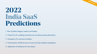 20 / Confidential and Not for Distribution
Efficient growth across stages
Faster payback cycles and ability to get to $100M+ARR with <<$100M equity
capital
0%
20%
40%
60%
80%
100%
120%
140%
160%
180%
Global SaaS (Cloud Index) Global SaaS ~10-30M ARR
(BVP Portfolio)
India SaaS (~10M ARR) India SaaS (~25M ARR) India SaaS (50-100M ARR)
Median efficiency score
Data (N = 30) for Indian companies growing >70% yoy. Source: BVP research
2022
India SaaS
Predictions
1. Rise of global category creators and leaders
2. Fintech for all—enabling manufacturers and democratizing distribution
3. Emergence of e-commerce enablers
4. Productization of B2B services as tools and SaaS enabled marketplaces
5. Digitization of healthcare for the masses
PREDICTIONS
 