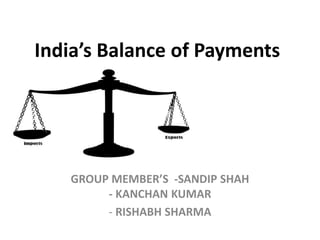 India’s Balance of Payments
GROUP MEMBER’S -SANDIP SHAH
- KANCHAN KUMAR
- RISHABH SHARMA
 