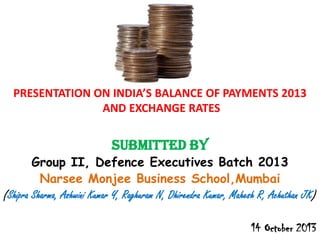 PRESENTATION ON INDIA’S BALANCE OF PAYMENTS 2013
AND EXCHANGE RATES

Submitted By

Group II, Defence Executives Batch 2013
Narsee Monjee Business School,Mumbai
(Shipra Sharma, Ashwini Kumar Y, Raghuram N, Dhirendra Kumar, Mahesh R, Achuthan JK)
14 October 2013

 