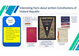 Interesting Facts about written Constitutions of
Federal Republic
1. The Indian
Constitution’s name is
borrowed from the US
2. Its positions &
functions is borrowed
from the British
Constitution
Did you
know?
The Australian
Constitution
The
Constitution
of Germany
The Constitution of
the People’s
Republic of China
The American
Constitution-
The oldest
Constitution in
the world
Cover page of the
calligraphic copy of the
Constitution of India in
English
12
 