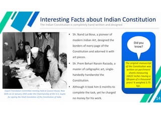 Interesting Facts about Indian Constitution
The Indian Constitution is completely hand-written and designed
 Sh. Nand Lal Bose, a pioneer of
modern Indian Art, designed the
borders of every page of the
Constitution and adorned it with
art pieces.
 Sh. Prem Behari Narain Raizada, a
master of calligraphic art, single-
handedly handwrote the
Constitution.
 Although it took him 6 months to
complete the task, yet he charged
no money for his work.
Did you
know?
The original manuscript
of the Constitution was
written on parchment
sheets measuring
16X22 inches having a
lifespan of a thousand
years! It weighed 3.75
kgs.
Expert Translation Committee meeting held at Council House, New
Delhi on 22 January 1950 under the Chairmanship of Shri G.S. Gupta
for signing the Hindi translation of the Constitution of India.
14
 
