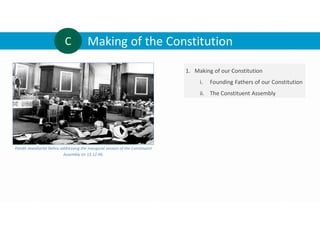 Making of the Constitution
Pandit Jawaharlal Nehru addressing the inaugural session of the Constituent
Assembly on 13.12.46.
C
1. Making of our Constitution
i. Founding Fathers of our Constitution
ii. The Constituent Assembly
 