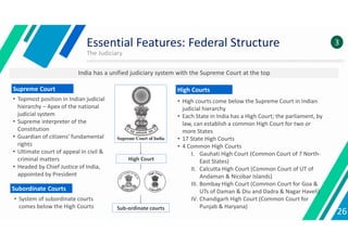 Essential Features: Federal Structure
26
The Judiciary
India has a unified judiciary system with the Supreme Court at the top
• Topmost position in Indian judicial
hierarchy – Apex of the national
judicial system
• Supreme interpreter of the
Constitution
• Guardian of citizens’ fundamental
rights
• Ultimate court of appeal in civil &
criminal matters
• Headed by Chief Justice of India,
appointed by President
Supreme Court
High Court
Sub-ordinate courts
3
• High courts come below the Supreme Court in Indian
judicial hierarchy
• Each State in India has a High Court; the parliament, by
law, can establish a common High Court for two or
more States
• 17 State High Courts
• 4 Common High Courts
I. Gauhati High Court (Common Court of 7 North-
East States)
II. Calcutta High Court (Common Court of UT of
Andaman & Nicobar Islands)
III. Bombay High Court (Common Court for Goa &
UTs of Daman & Diu and Dadra & Nagar Haveli)
IV. Chandigarh High Court (Common Court for
Punjab & Haryana)
High Courts
Subordinate Courts
• System of subordinate courts
comes below the High Courts
 