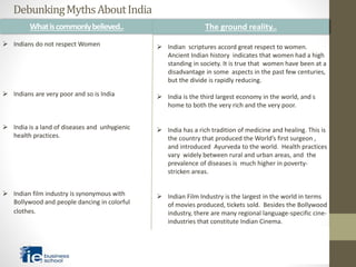 Whatiscommonlybelieved..
 Indians do not respect Women
 Indians are very poor and so is India
 India is a land of diseases and unhygienic
health practices.
 Indian film industry is synonymous with
Bollywood and people dancing in colorful
clothes.
The ground reality..
 Indian scriptures accord great respect to women.
Ancient Indian history indicates that women had a high
standing in society. It is true that women have been at a
disadvantage in some aspects in the past few centuries,
but the divide is rapidly reducing.
 India is the third largest economy in the world, and s
home to both the very rich and the very poor.
 India has a rich tradition of medicine and healing. This is
the country that produced the World’s first surgeon ,
and introduced Ayurveda to the world. Health practices
vary widely between rural and urban areas, and the
prevalence of diseases is much higher in poverty-
stricken areas.
 Indian Film Industry is the largest in the world in terms
of movies produced, tickets sold. Besides the Bollywood
industry, there are many regional language-specific cine-
industries that constitute Indian Cinema.
DebunkingMythsAboutIndia
 
